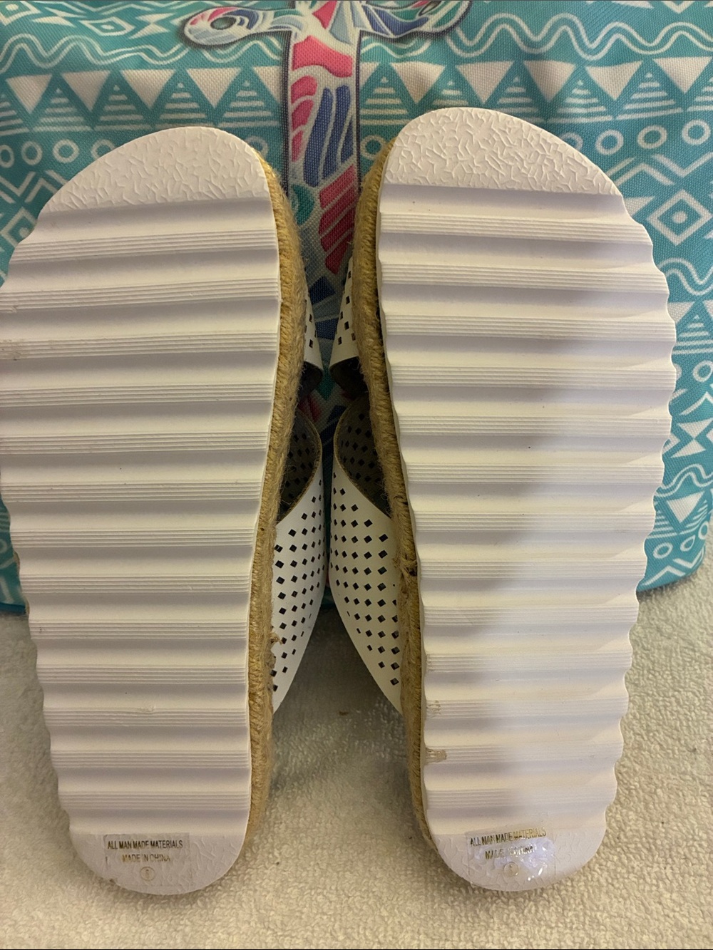 NWOT Nature Breeze White Perforated Cross-Strap Sandals w/Cork Sole & woven base - Picture 5 of 6